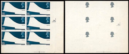 Proof  1/6d. imperforate progressive proofs of deep blue and silver-grey colours, each is in a lower right corner block of six, the dark blue with cylinder "1A" and the silver-grey with cylinder "1B", fine and unmounted mint. Rare and desirable positional blocks. Photo