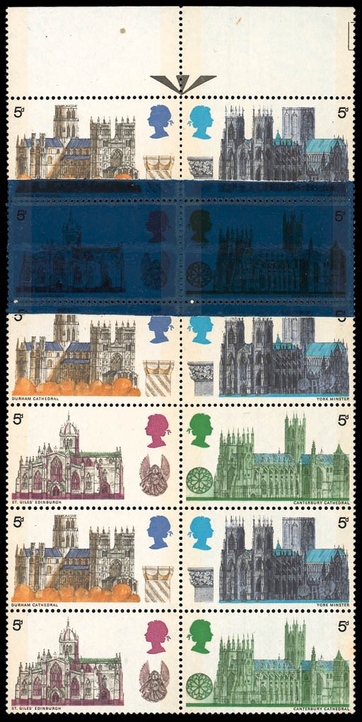 unmounted mint Block Larger Than four  5d. variety paper join, a top margin block of twelve showing blue tape affixed to the surface of the paper over which the design and phosphor bands have been printed and the perforations made, unmounted mint. Spectacular. Photo