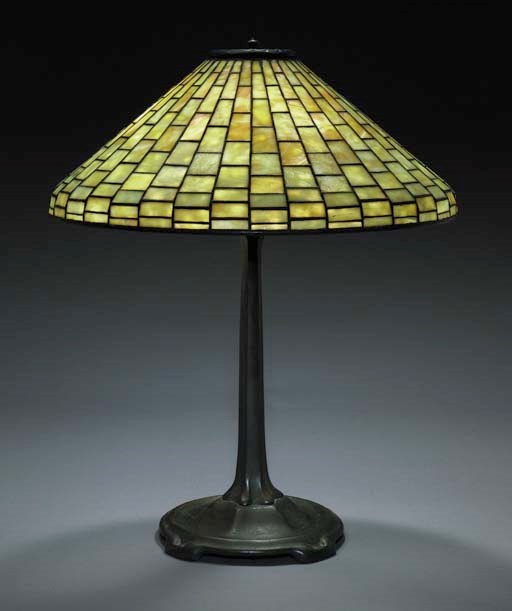 A 'GEOMETRIC' LEADED GLASS AND BRONZE TABLE LAMP