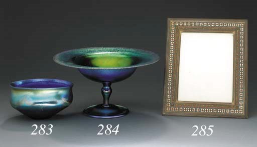 AN IRIDESCENT BLUE FAVRILE GLASS COMPOTE