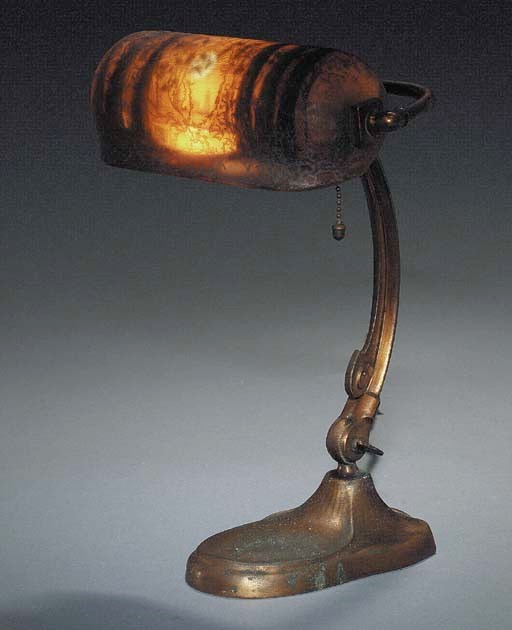 A REVERSE-PAINTED AND BRONZED-METAL SCENIC PIANO LAMP
