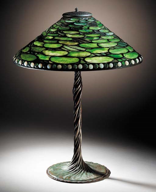 A 'LILY PAD' LEADED GLASS AND BRONZE TABLE LAMP