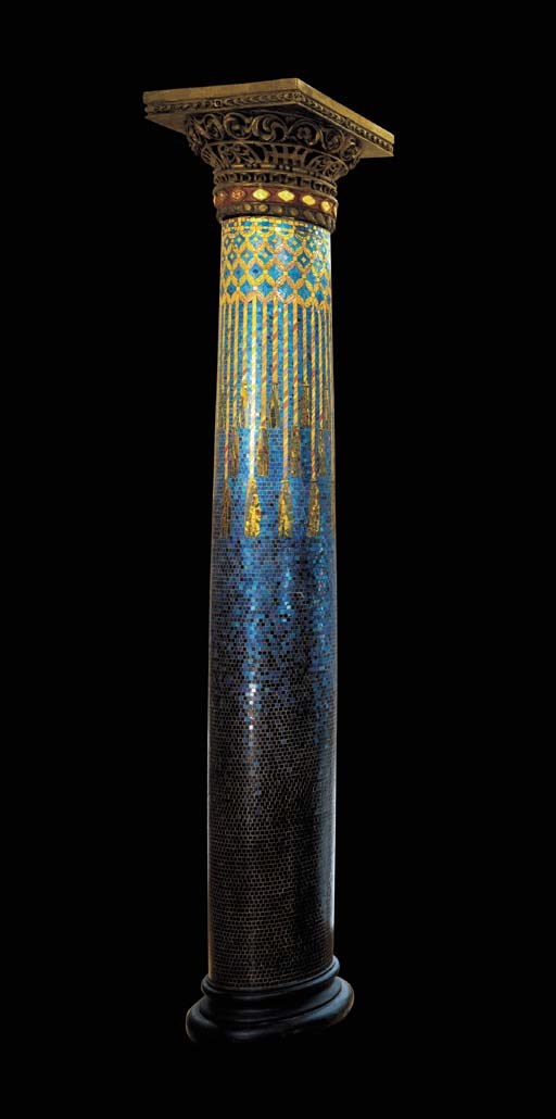 AN IMPORTANT FAVRILE GLASS MOSAIC AND PAINTED GESSO COLUMN