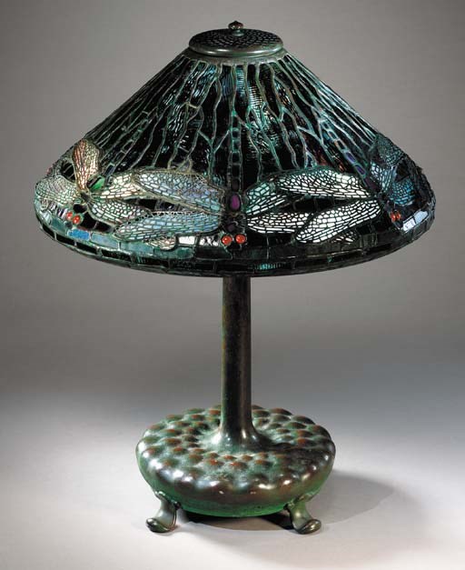 A 'DRAGONFLY' LEADED GLASS AND BRONZE TABLE LAMP