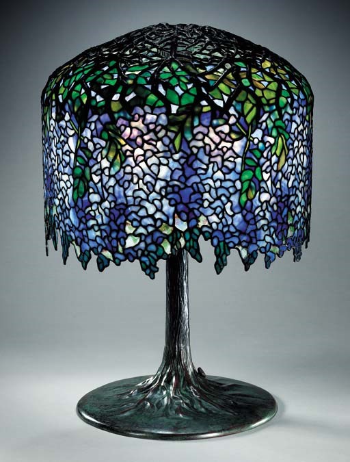A 'WISTARIA' LEADED GLASS AND BRONZE TABLE LAMP