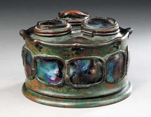 A 'TURTLEBACK TILE' AND BRONZE TRIPLE INKWELL