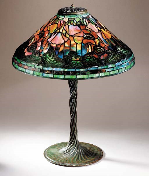 A 'POPPY' LEADED GLASS AND BRONZE TABLE LAMP
