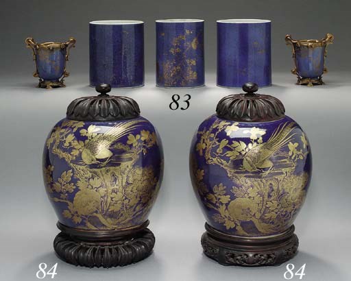 FIVE POWDER BLUE BRUSHPOTS AND CUPS