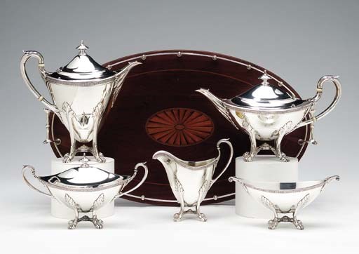 AN AMERICAN SILVER FIVE-PIECE TEA AND COFFEE SERVICE WITH TRAY**