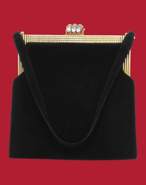 A 14K GOLD AQUAMARINE AND FABRIC EVENING BAG, BY CARTIER