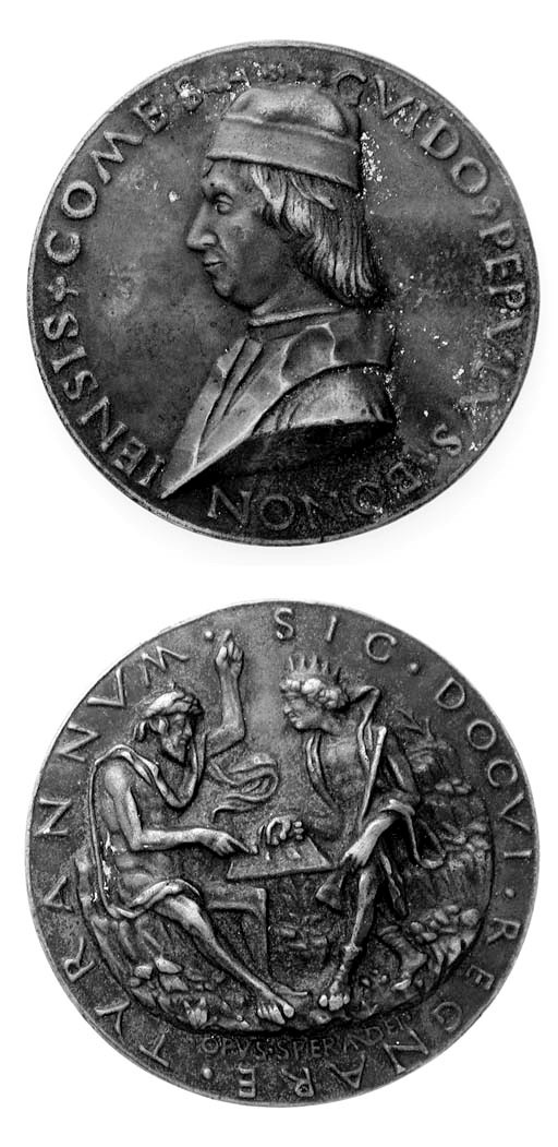 Guido Pepoli (1440-1505), nobile di Bologna, AE 82, opus Sperandio da Mantua, busto a sinistra, rov. SIC DOCVI REGNARE TYRANNVM, Evilmerodach e il filosofo che giocano a scacchi (Armand I, 72,34; Bargello 112; Kress 129), fusione tarda, BB