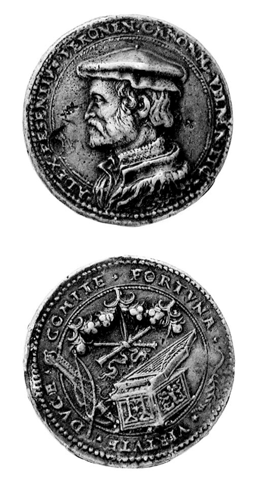 Alessandro Presenti, di Verona, bronzo, 35mm., opus Giovanni Jacopo Caraglio, ALEX PRESENTIVS VERONEN CANONIC VTIEN ET C, busto a sinistra, rov. VIRTVTE DVCE COMITE FORTVNA, strumenti (Arm.I,154,1), piccoli colpi al dr., mBB