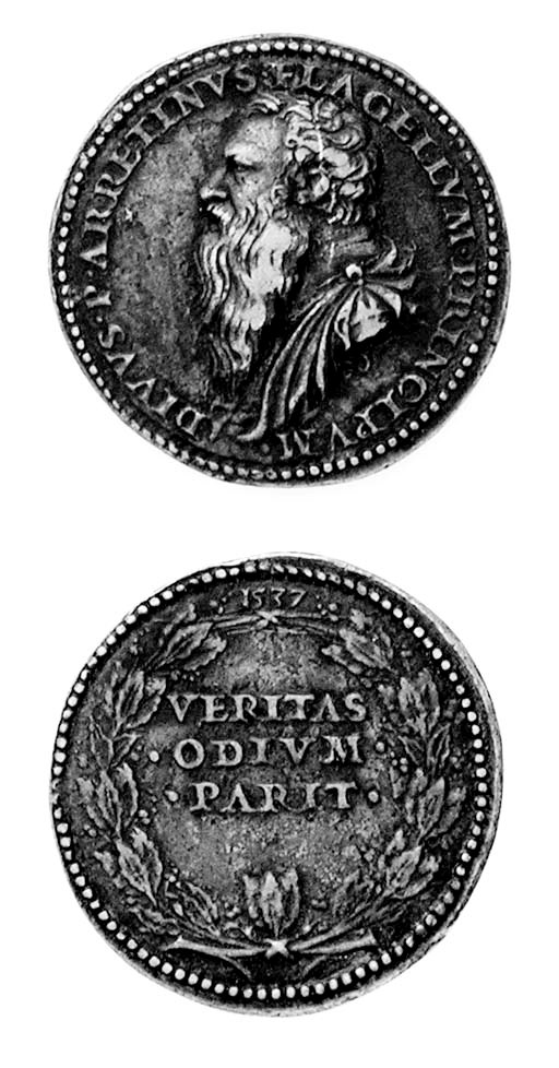 Pietro Bacci 'l'Aretino' (1492-1557), 36mm., opus Leone Leoni, DIVVS P ARRETINVS FLAGELLVM PRINCIPIVM LEO, busto a sinistra, rov. VERITAS ODIVM PARIT 1537 LEO circondata da un serto d'alloro (Arm.I,162,3; Bargello 716), mBB