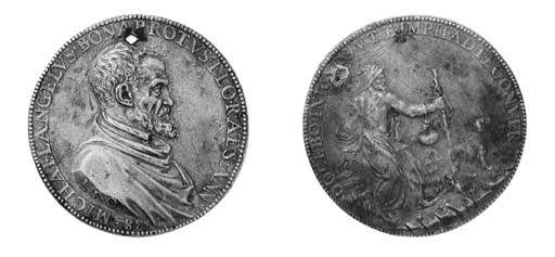 Michelangelo Buonarroti (1475-1564), bronzo, 59mm., opus Leone Leoni, busto a destra, rov. DOCEBO INIQVOS V T ET IMPII AD TECONVER, un cieco cammina verso destra guidato da un cane (Arm.I,163,6; Bargello 719a), patina chiara, forata, BB