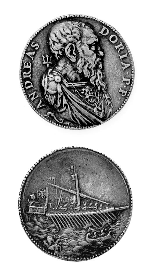 Andrea Doria ((1466-1550), bronzo, 40mm., opus Leone Leoni, ANDREAS DORIA PP, busto a destra, dietro la spalla, un tridente, rov. una galera volta a destra ed una barca (Arm.I,164,9; Bargello 712; Kress 431), bella patina chiara, SPL