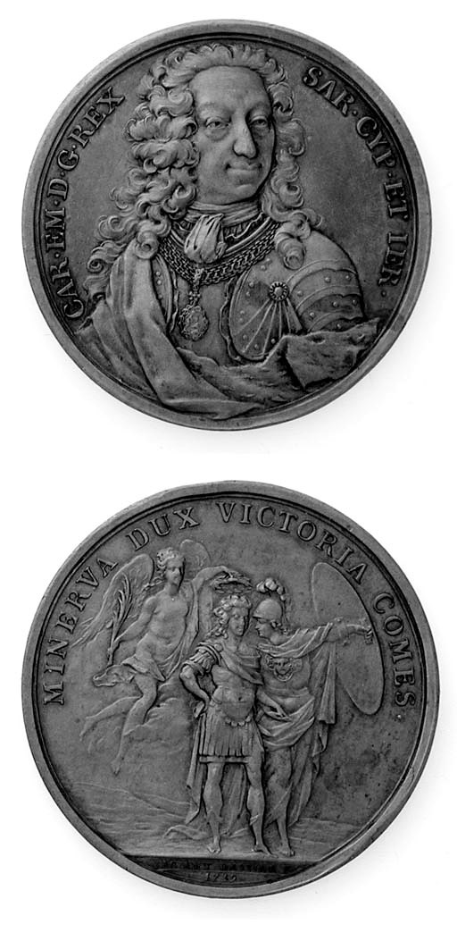 Carlo Emanuele III, bronzo, 54.5mm., opus J Dassier, 1739, busto di fronte, rov. il Re accompagnato da Minerva e la Vittoria (Litta 70; UdiS 168), SPL, rara