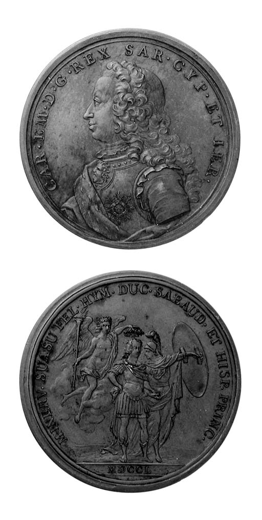 Carlo Emanuele III, bronzo, 63mm., opus Dassier, 1750, busto a sinistra, rov. il Re accompagnato da Minerva e la Vittoria (Litta 73; UdiS 16), SPL, rara
