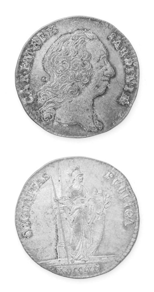 Carlo Emanuele III, argento, 26.5mm., 1757, testa a destra, rov. SECVRITAS PVBLICA (Promis 67; UdiS manca), SPL, rara