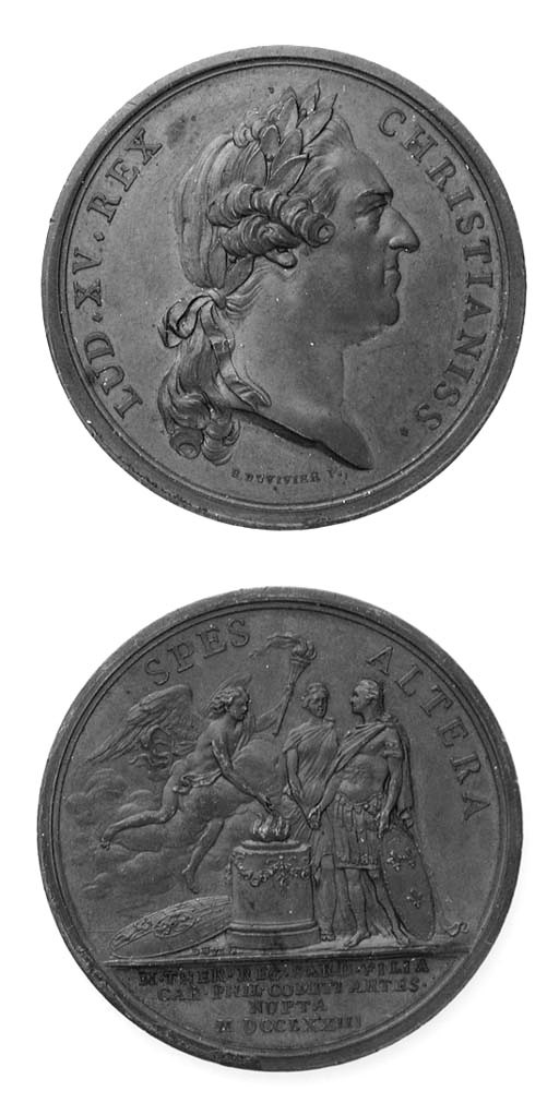 Maria Teresa (1756-1805), bronzo, 42mm., opus B Duvivier, testa di Luigi XV a destra, rov. Maria Teresa e Carlo Filippo, per le nozze 1773 (UdiS 10), SPL, rara