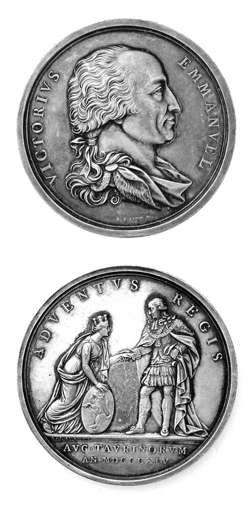 Vittorio Emanuele I, argento, 52mm., opus A Lavy, 1814, per il ritorno del Re a Torino, busto a destra, rov. il Re a sinistra riceve il saluto della città di Torino (Litta 103), SPL, rara