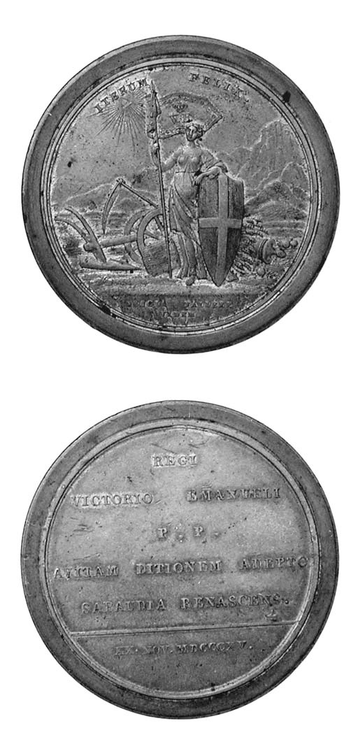 Vittorio Emanuele I, bronzo, 47mm., SABAUDIA RENASCENS 1815, Italia, rov. legenda (Litta 106), SPL