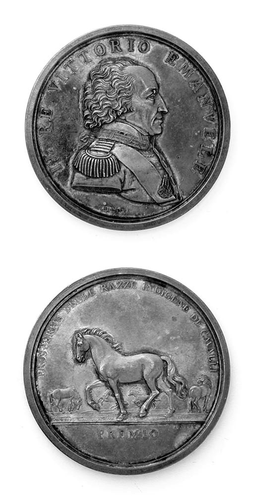 Vittorio Emanuele I, argento, 53mm., opus Lavy, s.d., busto a destra, rov. cavallo, premio per l'Exposizione Equina di Torino 1821 (Forrer III,349; Medaglia 3, p.9 e fig.2), qSPL, rara