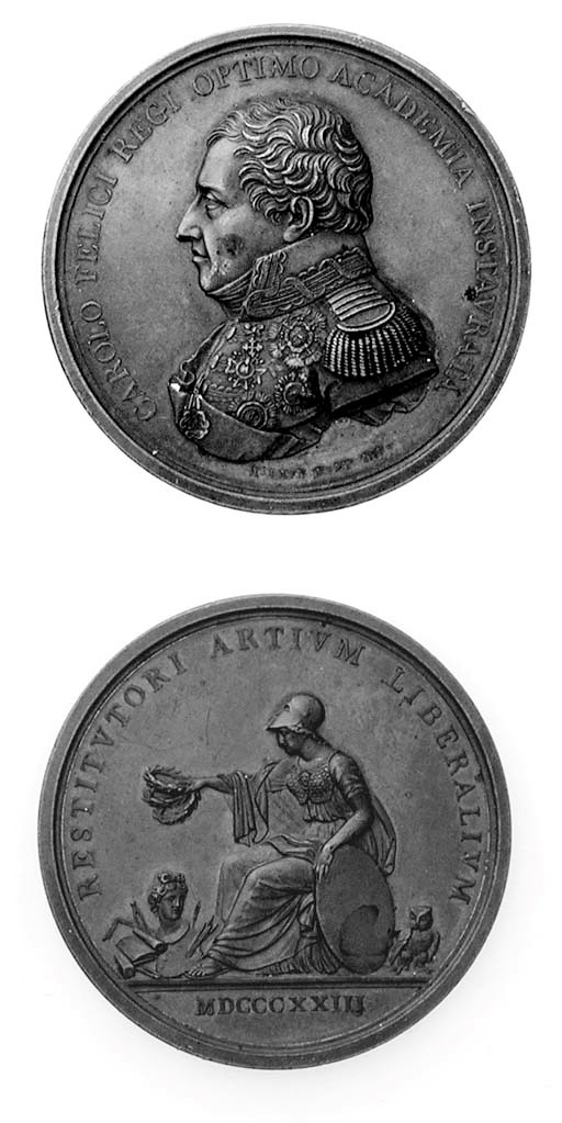 Carlo Felice, bronzo, 46mm., opus A Lavy, per l'Accademia delle Belle Arti in Torino, 1823, busto a sinistra, rov. Minerva seduta a sinistra (MRB 320), SPL, rara