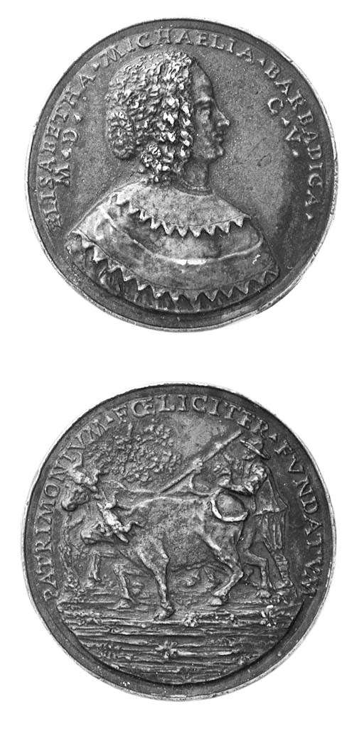 Elisabetta Michiel Barbarigo (1560-1605), bronzo, 60mm., anonimo, ELISABETHA MICHAELIA BARBADICA MDCV, busto a destra, rov. PATRIMONIVM FOELICITER FVNDATVM, due buoi appaiati, andanti a sinistra, e pungolati da un contadino (Volt.849), patina bruno, BB