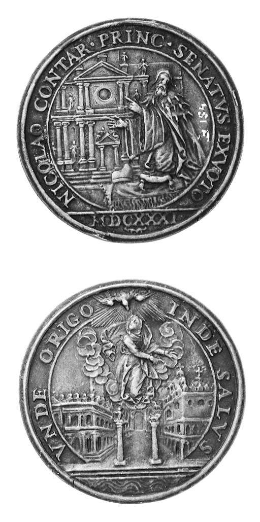 Chiesa di Santa Maria Della Salute in Venezia, bronzo, 52mm., anonimo, medaglia di fondazione, NICOLAO CONTAR PRINC SENATVS EXVOTO, il Doge Nicolò Contarini, inginocchiato, presenta la nuova chiesa, rov. VNDE ORIGO INDE SALVS, veduta della piazzetta con la Vergine sopra la nuvole (Volt.910), patina bruna, mBB