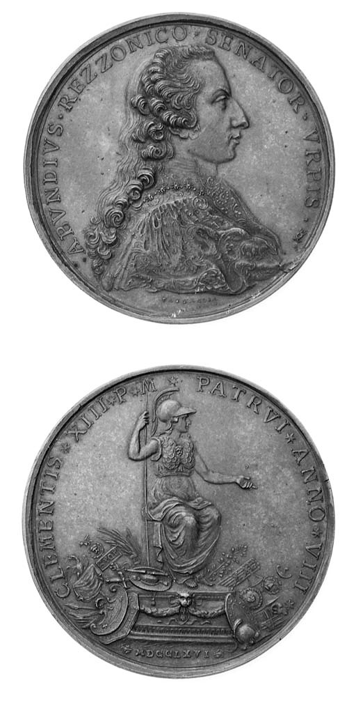Abbondio Rezzonico (1742-1810), senatore in Roma, 1766, bronzo, 62mm., opus Antonio Pazzaglia, busto a destra, rov. CLEMENTIS XIII PM PATRVI ANNO VIII, Roma seduta (Forrer IV, 440; Volt 1579), SPL, rara