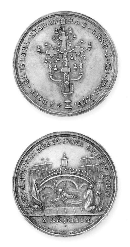 Scuola Grande di San Giovanni Evangelista in Venezia, argento, 42mm., opus Antonio Schabel, ABSIT GLORIARI NISI IN HAC ANNO I MDCCXCV, il reliquiario della SS Croce, rov. OBVIA CVSTODI MERSO CRVX EMINET VNDIS, il miracolo del reliquiario della SS Croce caduto nel canale di S Lorenzo e recuperato, AN IIII all'esergo (Volt.1811), mBB