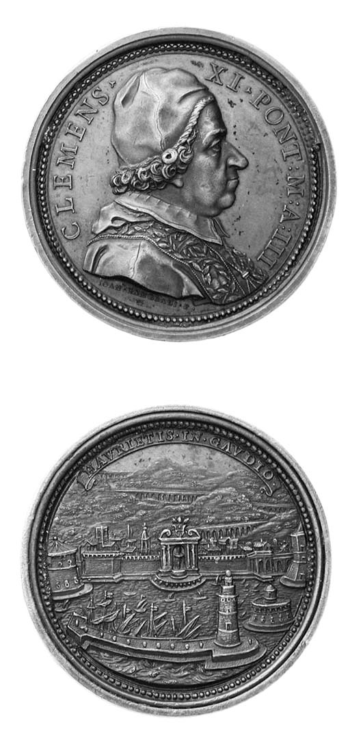 Clemente XI, Albani, bronzo, 53mm., opus I Hamerani, anno III, busto a destra, rov. HAVRIETIS IN GAVDIO, veduta di Civitavecchia (L.1615), BB
