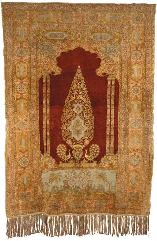 A fine silk and metal thread Panderma prayer rug