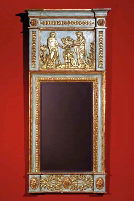 A Scandinavian blue-painted and parcel-gilt pier glass