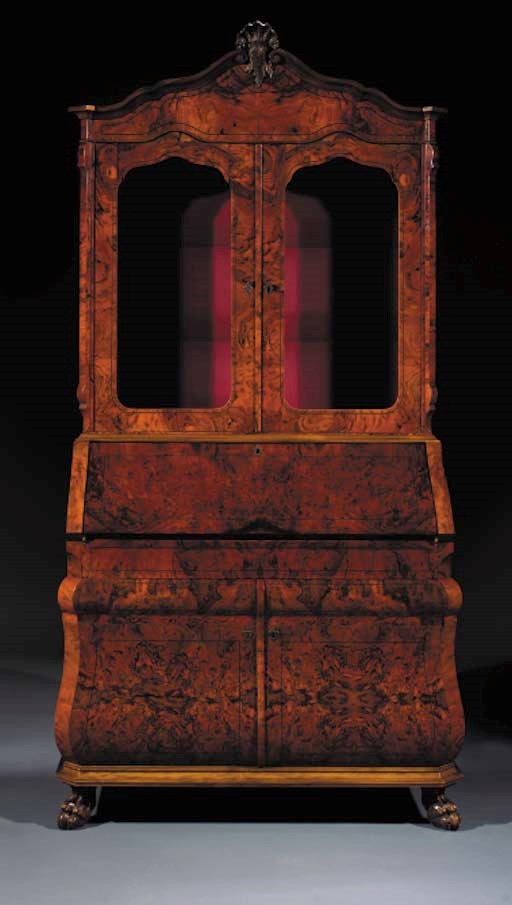 A figured walnut bureau-bookcase