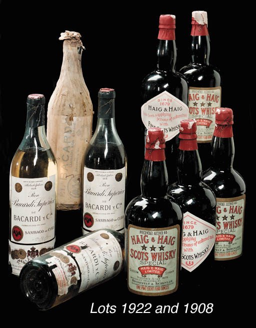 Bacardi Superior
A complete dozen believed to date from the 1920s. Labels bin-soiled and torn. Some bottles still in original tissues. Levels: all mid/low shoulder. Pale yellow colour.