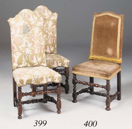 A matched set of four walnut and upholstered dining chairs, 17th century and later