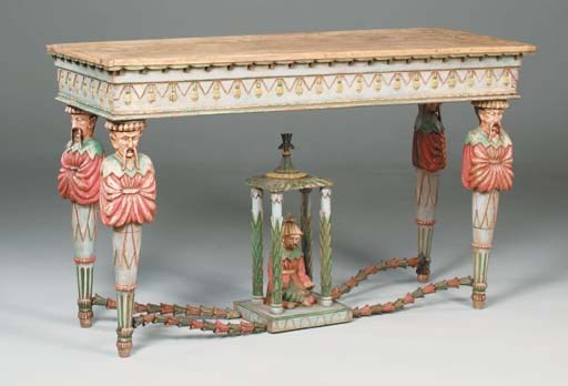 A polychrome decorated console table, late 19th/early 20th century