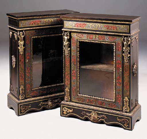 A pair of ebonised, scarlet-tortoiseshell, brass and pewter-inlaid dwarf side cabinets, late 19th century
