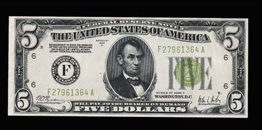 Federal Reserve Note, 5-Dollars, Series of 1928-C (Fr 1953-F), a minor horizontal crease across center, otherwise uncirculated