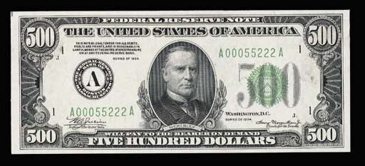 Federal Reserve Note, 500-Dollars, Series of 1934 (Fr 2201), some minor staining, but otherwise crisp uncirculated