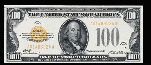 Gold Certificate, 100-Dollars, Series of 1928 (Fr 2405), the tiniest bit of damage on Franklin's cheek, otherwise crisp uncirculated