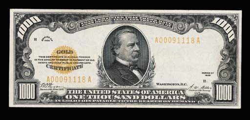 Gold Certificate, 1000-Dollars, Series of 1928 (Fr 2408), once folded, slight tear at bottom end of fold, and minor ink stain, about very fine