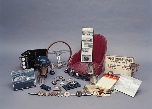 AC Ace - An original 'bucket seat' from his racing AC Bristol, together with various period motoring accessories including exhaust extractors, headlamp vizors, a pair of rally headlamp reflectors etc.
