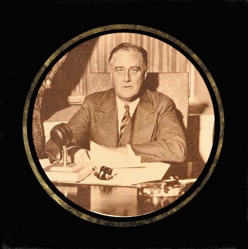 ROOSEVELT, Franklin D. Circular photograph of F.D.R. seated at a desk, delivering a radio address (one of his famous Fireside talks?) from papers he holds in his hand. n.p., n.d. [late 1930s?]. 10 x 10 in. with black surround, the photograph 6½ in. in diameter, clipped from a magazine, a gold border around the portrait, in simple wooden frame. A strong image in original frame, FROM ELEANOR ROOSEVELT'S WHITE HOUSE OFFICE; later displayed at Val-Kill Cottage.