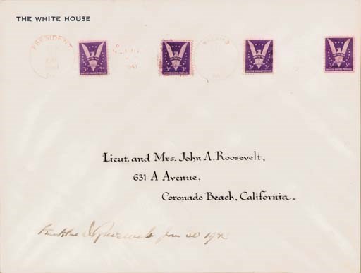 ROOSEVELT, Franklin D. Oversize official White House envelope signed and dated as President, [Washington, D.C.], with special Inauguration Day postmarks dated 21 January 1943, signature dated 30 January 1943. 7½ x 97/8 in., framed (Hyde Park framer's label on verso).