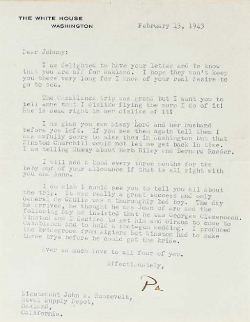ROOSEVELT, Franklin D. Typed letter signed ("Pa") as President to John A. Roosevelt, Washington D.C., 13 February 1943. 1 full page, 4to, White House stationery, original White House envelope, matted, framed. .