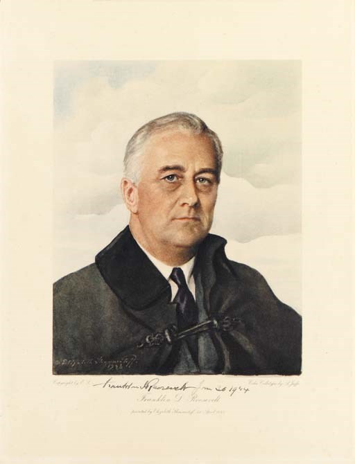 ROOSEVELT, Franklin D. SHOUMATOFF, Elizabeth, artist.  Color print of portrait of F.D.R., after Shoumatoff's portrait, painted in April 1943, SIGNED AS PRESIDENT. Collotype color print by A. Joffe, 16 x 12 in., later frame.
