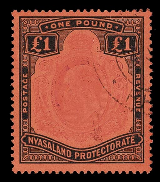 used  1908 MCA £1 purple and black on red showing serif on "G", lightly cancelled; a little rubbed as usual, fine. Rare. S.G. 81c, £1800. Photo