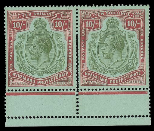 unused  1913-19 MCA 10/- pale green and deep scarlet on green, a mint pair with sheet margin at foot showing part double vertical perforations, fresh and fine. S.G. 96. Photo